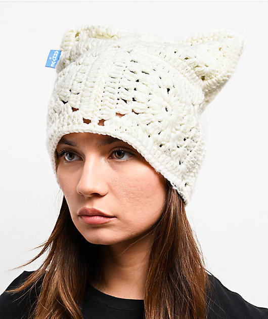 Arkyve Natural White Crochet Cat Beanie | Zumiez