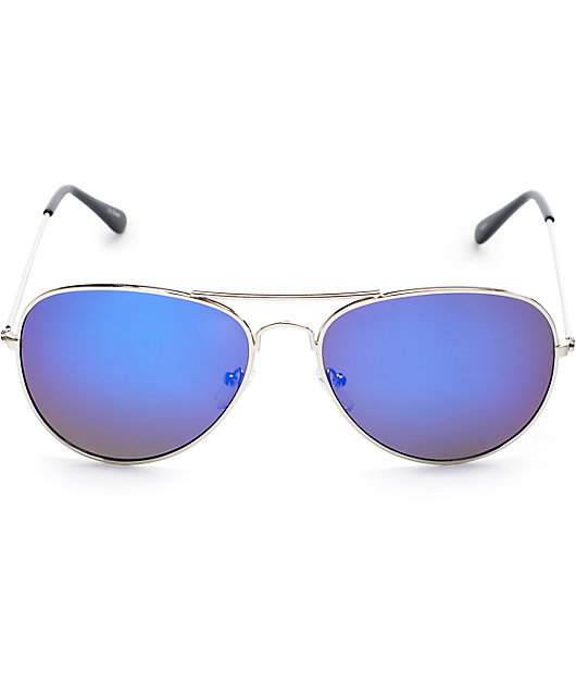 Aviator Silver & Blue Mirror Sunglasses