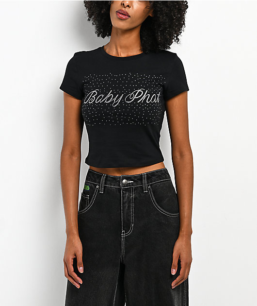 Baby Phat Logo Rhinestone Black Crop T-Shirt