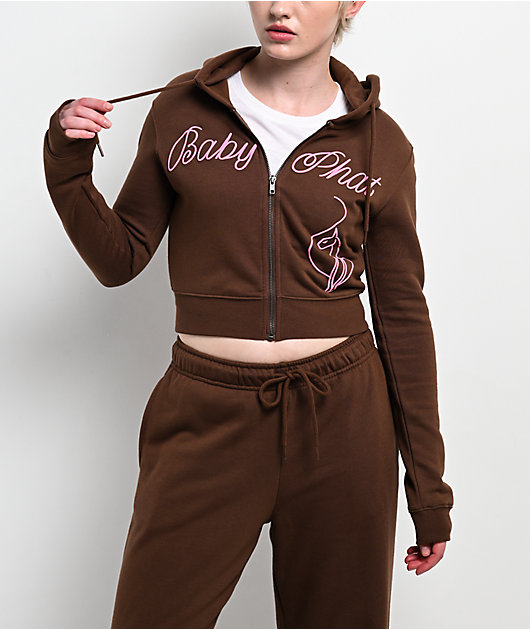 Baby Phat Script Brown Crop Zip Hoodie