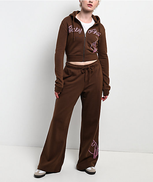 Baby Phat Script Cat Brown Wide Leg Sweatpants