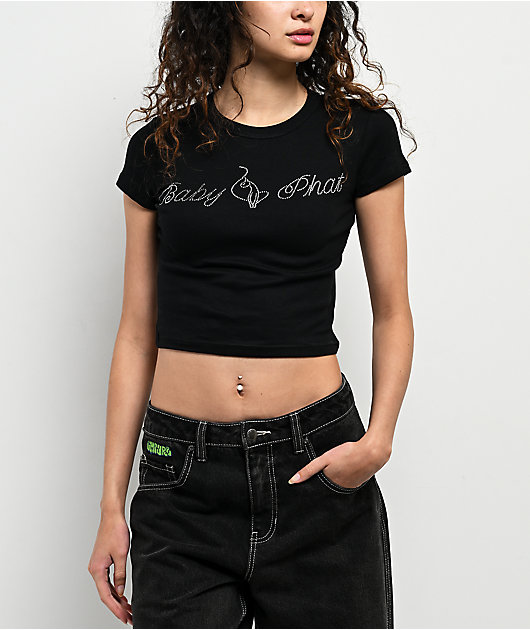 Baby Phat Script Rhinestone Black Crop T-Shirt | Zumiez