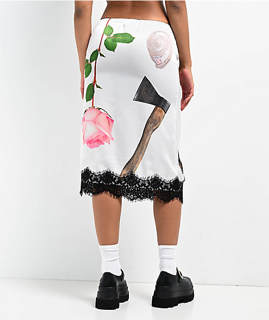 Basic Pleasure Mode Lace Print Satin White Midi Skirt