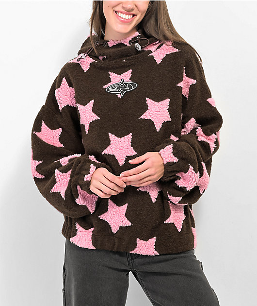 Basic Pleasure Mode Strawberry Star Brown Sherpa Hoodie | Zumiez