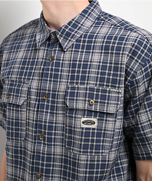 Billabong Bad Dog Plaid Blue & Grey Short Sleeve Button Up Shirt