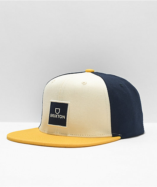 Brixton Alpha Square White, Navy & Yellow Snapback Hat | Zumiez