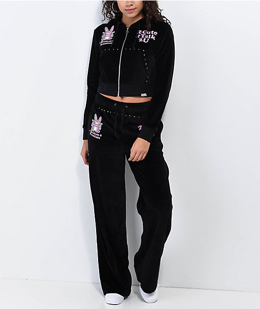 Broken Promises 2Cute Black Velour Crop Zip Hoodie