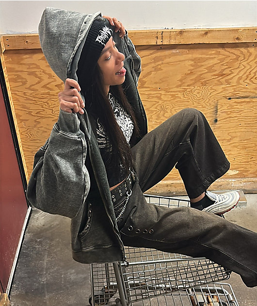 Broken Promises Adorned Black Wash Zip Hoodie | Zumiez