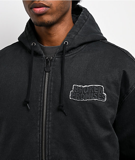 Broken Promises Barbed Black Wash Hooded Denim Jacket | Zumiez