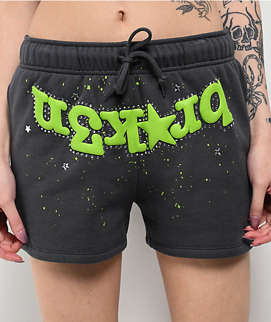 Broken Promises Beware Grey Rhinestone Sweat Shorts | Zumiez