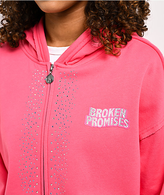 Broken Promises Bougie Rhinestone Pink Zip Hoodie