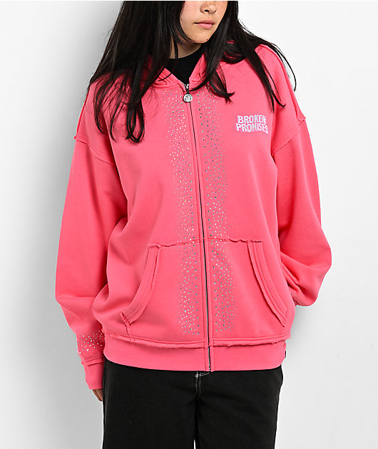 Broken Promises Bougie Rhinestone Pink Zip Hoodie