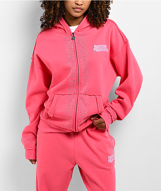 Broken Promises Bougie Rhinestone Pink Zip Hoodie