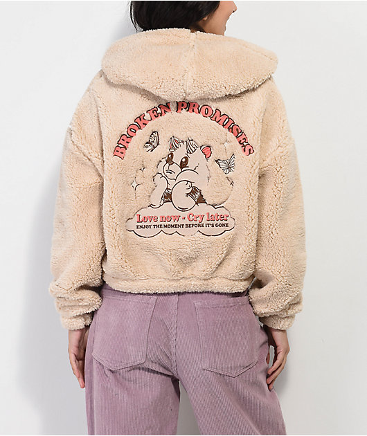 Broken Promises Cry Later Cream Half Zip Crop Tech Fleece Hoodie