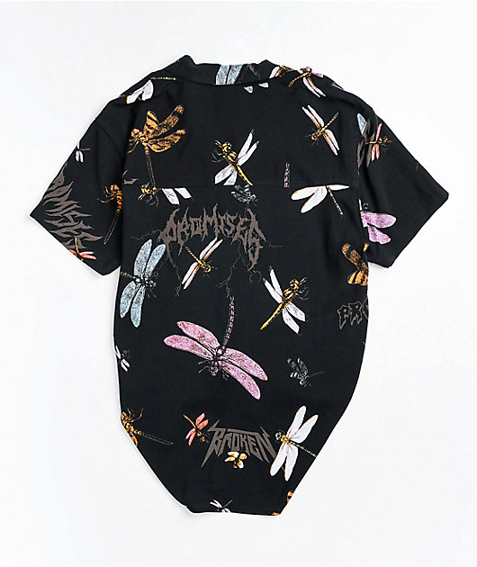 Broken Promises Dragonflies Black Tie Front Short Sleeve Button Up Shirt