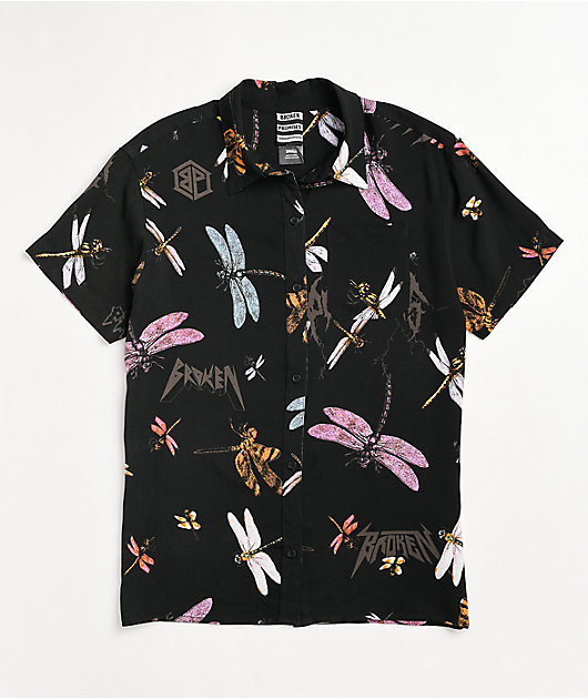 Broken Promises Dragonflies Black Tie Front Short Sleeve Button Up Shirt