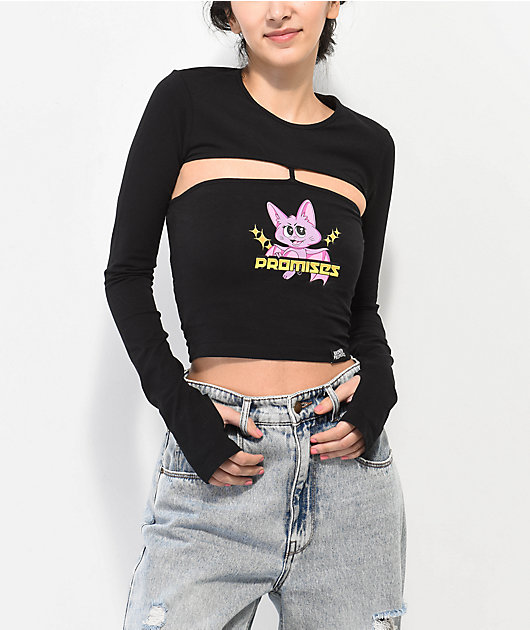 トップス 00s buffalobobos damage long sleeve oops Broken Promises Edward Black Cut Out Long Sleeve Shirt | Zumiez