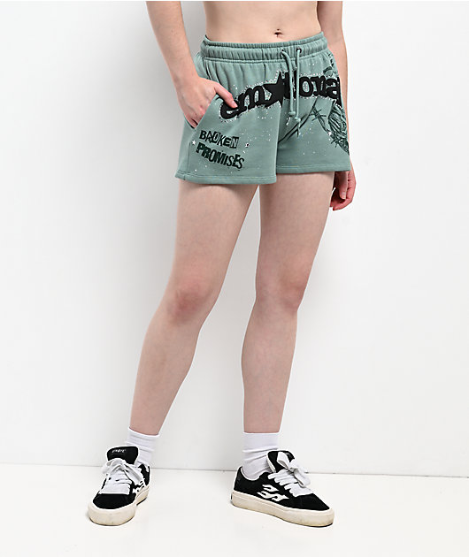 Broken Promises Emotional Embrace Green Sweat Shorts | Zumiez