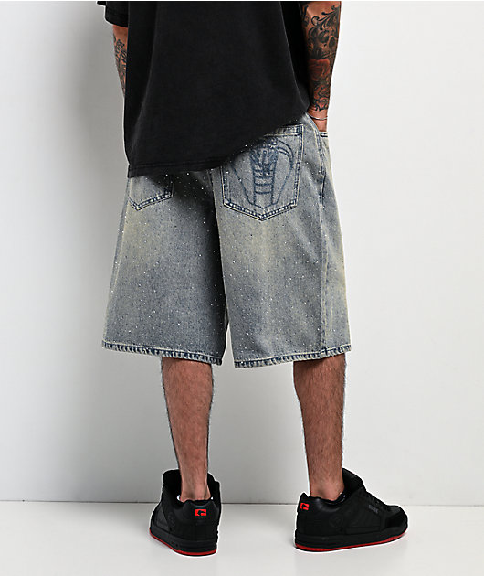 パンツ NO MASS PROD 05GLM BROKEN DENIM SHORTS Broken Promises Enamored Rhinestone Light Blue Wash Loose Fit
