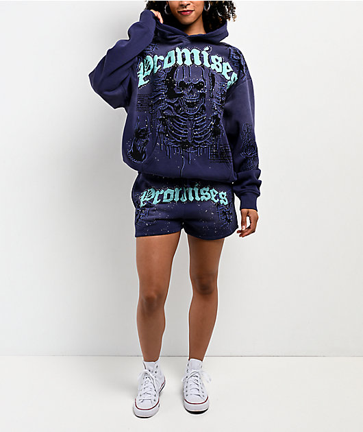 Broken Promises Endless Rhinestone Blue Wash Sweat Shorts