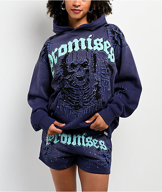 Broken Promises Endless Rhinestoned Navy Wash Hoodie