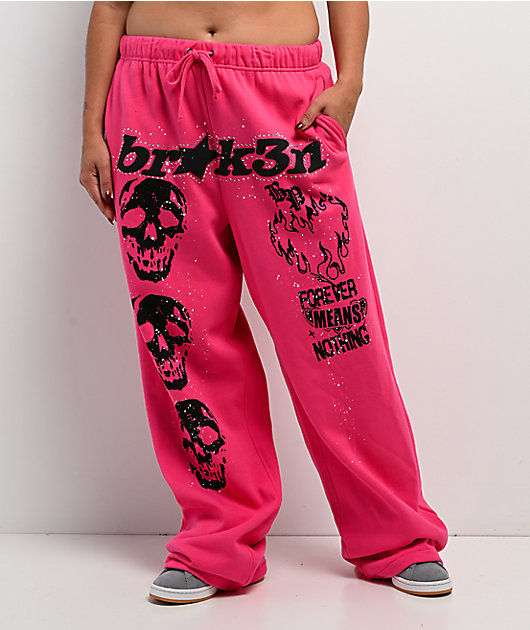 Broken Promises Faceless Rhinestone Pink Wide Leg Sweatpants
