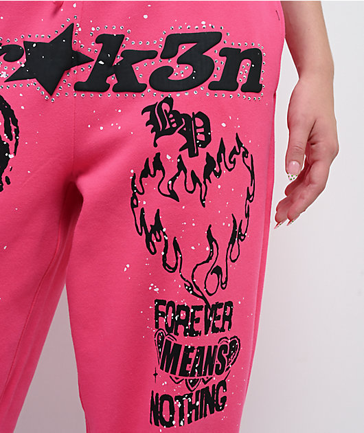 Broken Promises Faceless Rhinestone Pink Wide Leg Sweatpants