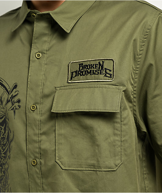 Broken Promises Grim Love Green Short Sleeve Button Up Shirt | Zumiez