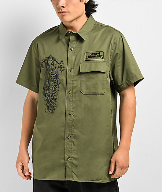 Broken Promises Grim Love Green Short Sleeve Button Up Shirt | Zumiez