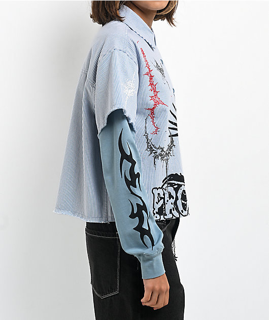 Broken Promises Liberty Blue & White 2fer Long Sleeve Crop Shirt