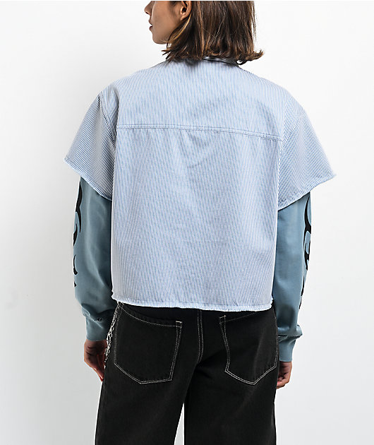 Broken Promises Liberty Blue & White 2fer Long Sleeve Crop Shirt