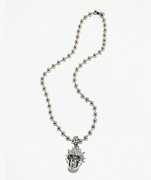 Broken Promises Liberty Spike Skull Rhinestone 18" Silver Bead Necklace