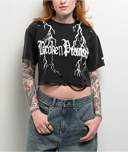 Broken Promises Lightning Black Wash Crop T-Shirt | Zumiez