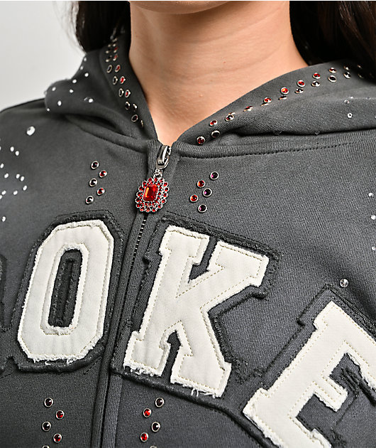 Broken Promises Momentum Rhinestone Grey Wash Zip Hoodie