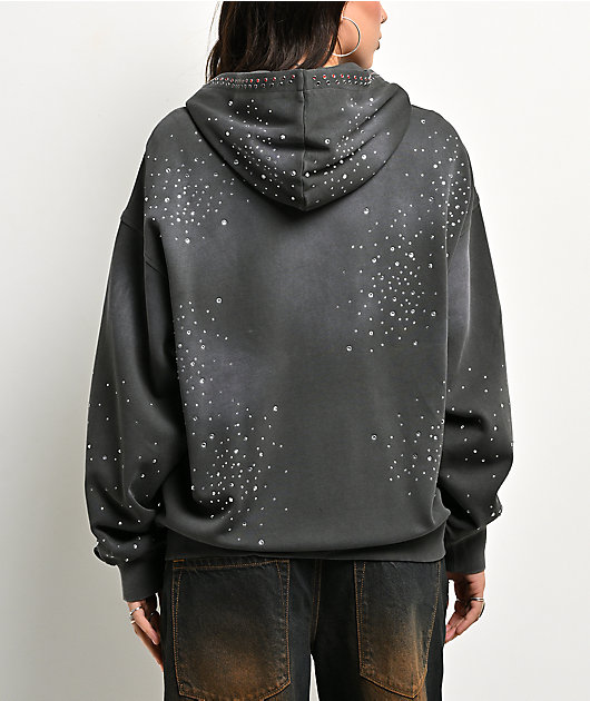 Broken Promises Momentum Rhinestone Grey Wash Zip Hoodie