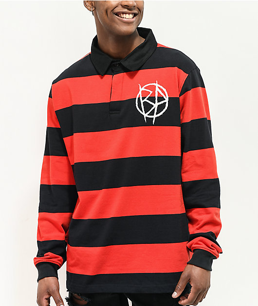 Broken Promises Riot camisa de rugby con rayas rojas y negras