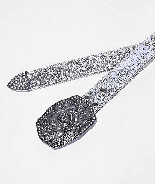 Broken Promises Rose Rhinestone Silver Belt