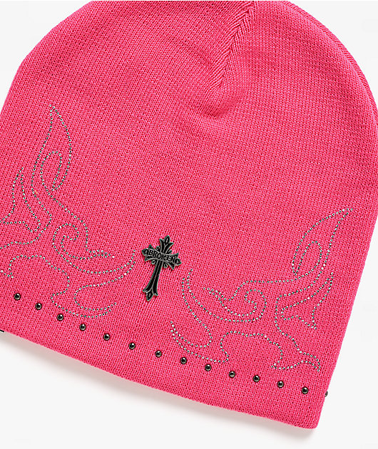 Broken Promises Surrender Rhinestone Pink Skully Beanie