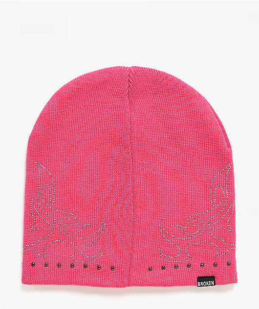 Broken Promises Surrender Rhinestone Pink Skully Beanie