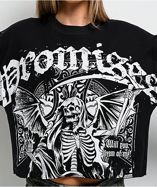 Broken Promises Thrash Black Thermal Long Sleeve Boxy Crop T-Shirt