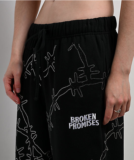 Broken Promises Ultrawire Rhinestone Black Wide Leg Sweatpants