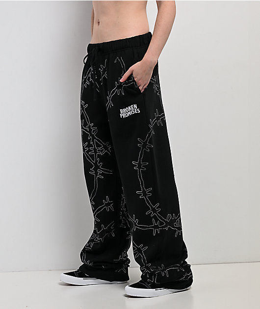 Broken Promises Ultrawire Rhinestone Black Wide Leg Sweatpants