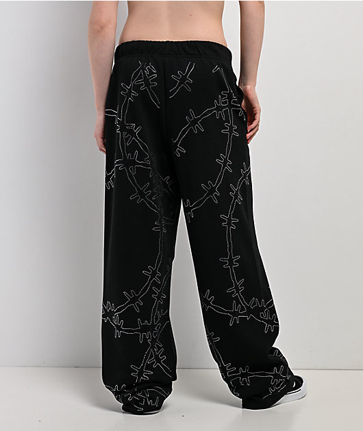 Broken Promises Ultrawire Rhinestone Black Wide Leg Sweatpants
