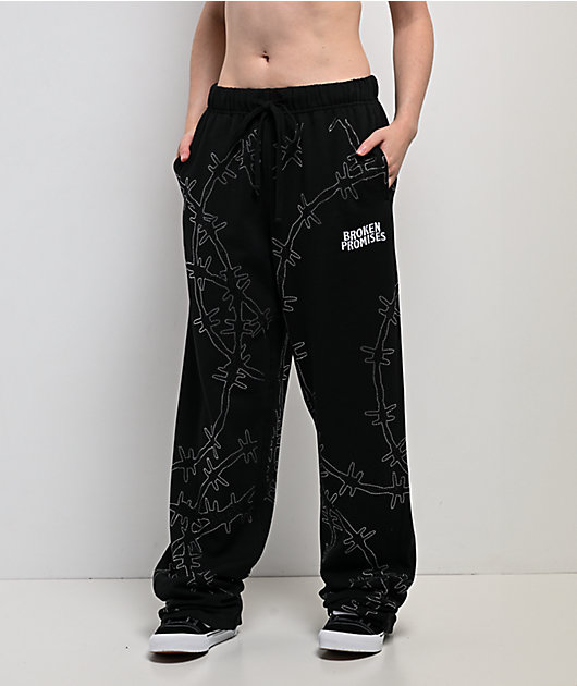Broken Promises Ultrawire Rhinestone Black Wide Leg Sweatpants