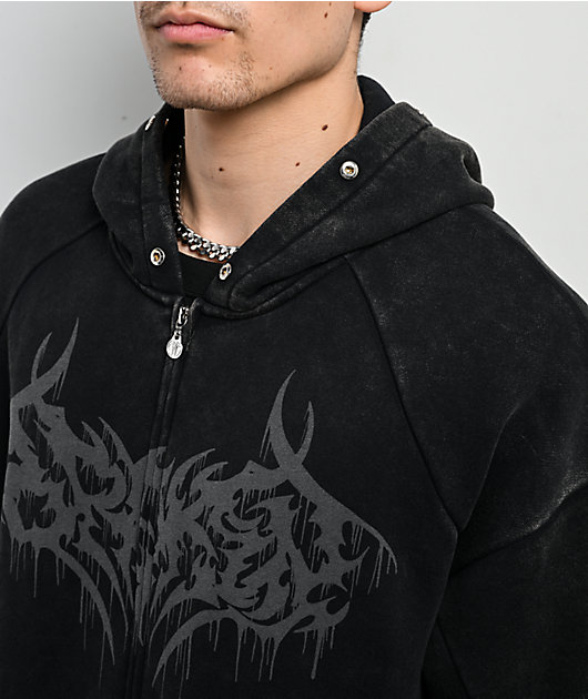 Broken Promises Unruly Black Wash Fur Zip Hoodie | Zumiez