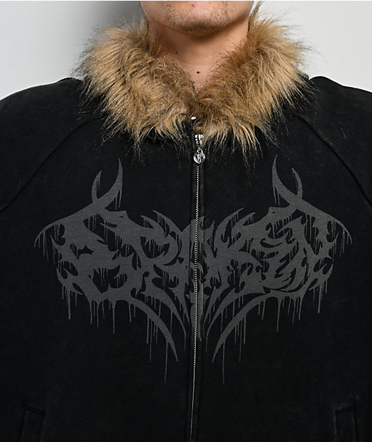 Broken Promises Unruly Black Wash Fur Zip Hoodie | Zumiez