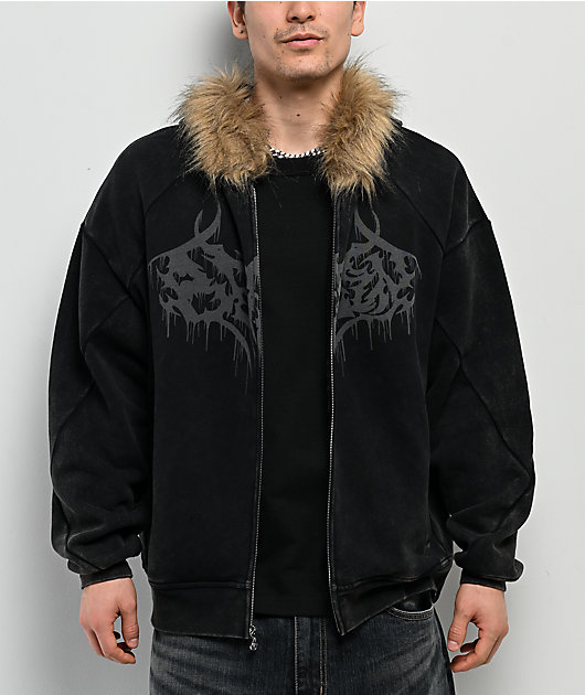 Broken Promises Unruly Black Wash Fur Zip Hoodie | Zumiez