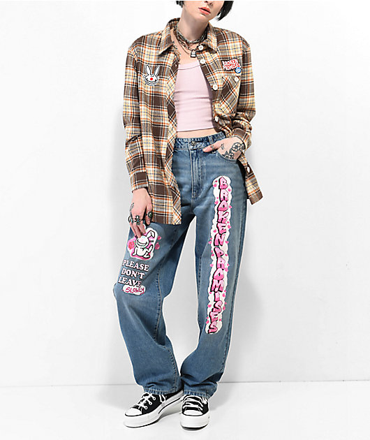 Broken Promises x Happy Bunny Graffiti Brown Flannel Shirt | Zumiez