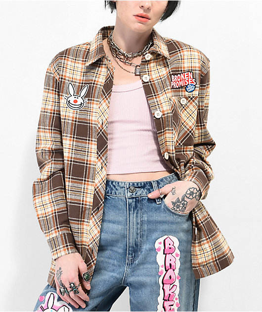 Broken Promises x Happy Bunny Graffiti Brown Flannel Shirt | Zumiez
