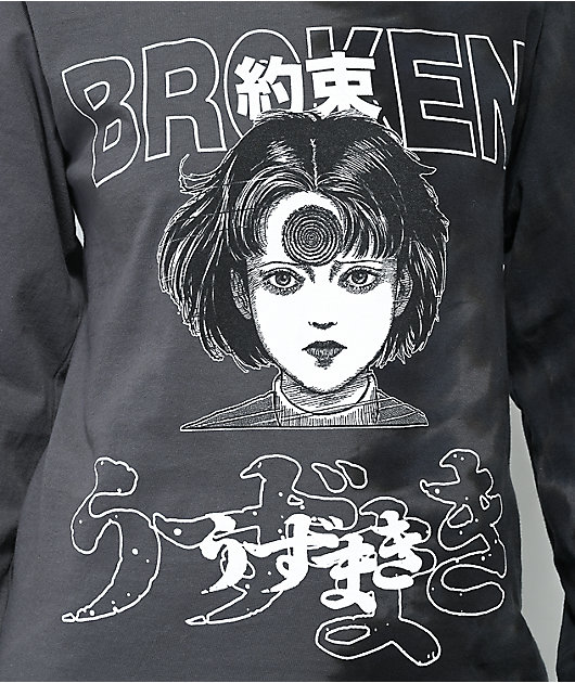 Broken Promises x Junji I Don't Care camiseta manga larga negra y gris con división tie dye